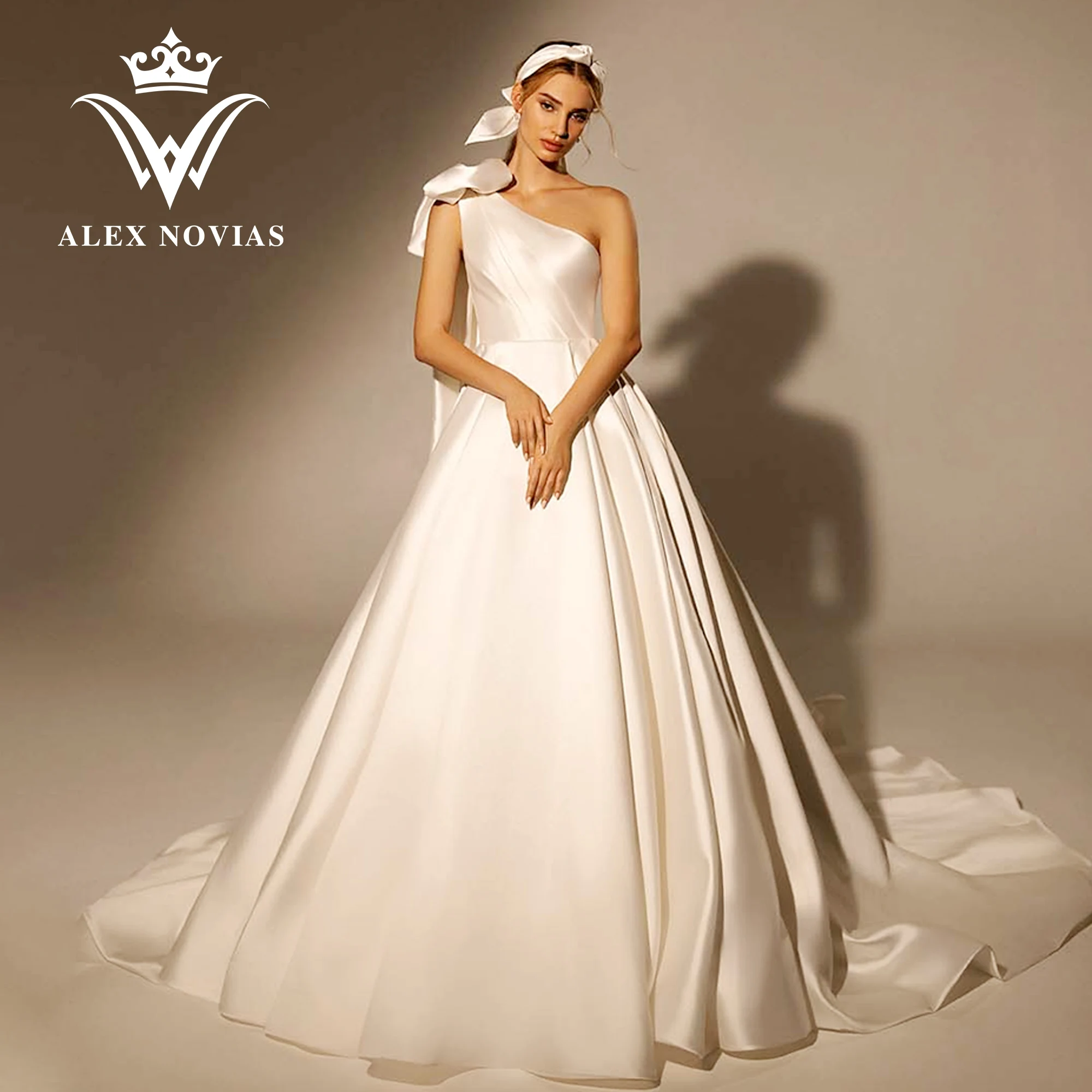 Top Trends: ALEX NOVIAS A-Line Satin Wedding Dress High Quality 2023 Sexy One Shoulder Sleeveless Bow Wedding Gown Vestidos Novias De Saten Shoppable Styles