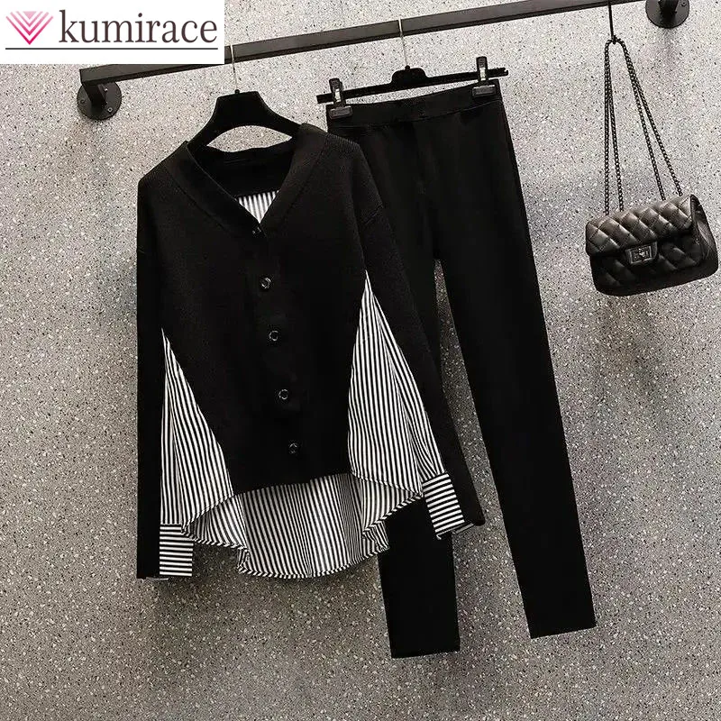 Top Trends: Striped Patchwork V-neck Long Sleeved Shirt Casual Pencil Pants Two-piece Elegant Women&#039;s Pants Set Loose Tracksuit Shoppable Styles