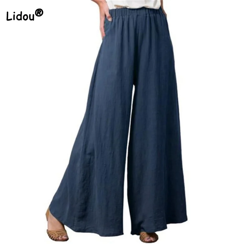 Top Trends: Cotton Linen Solid Color Pants Spring Summer Clothes Elastic Low Waist Loose-fitting Crumpled Womens Casual Wide Leg Trousers Shoppable Styles