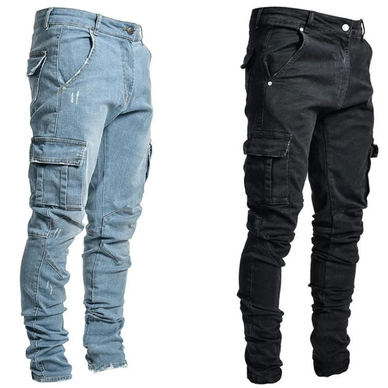 Top Trends: Jeans Men Black Cargo Pants Multi Pockets Denim Pantalones Blue Slim Fit Overol Hombre Fashion Casual Streetwear Trousers 3XL Shoppable Styles