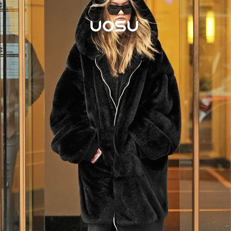 Top Trends: Luxury Brand Long Faux Fur Coat Women Jacket 2023 Winter Fashion Runaway Zip Hooded Thick Warm Sporty Rabbit Fur Plush Overcoats Shoppable Styles