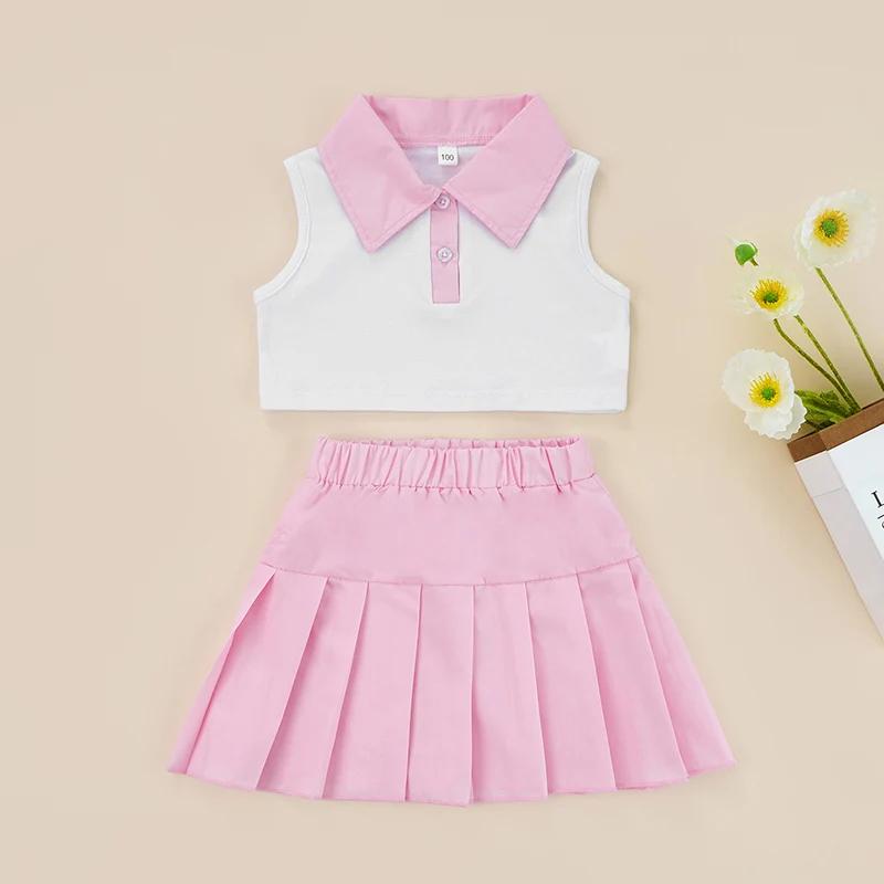 Top Trends: 2-7Y Kids Girls Pink Clothes Sets Summer Cute Patchwork Lapel Buttons Sleeveless Tank Tops + Pleated Skirt 2Pcs Sets Shoppable Styles