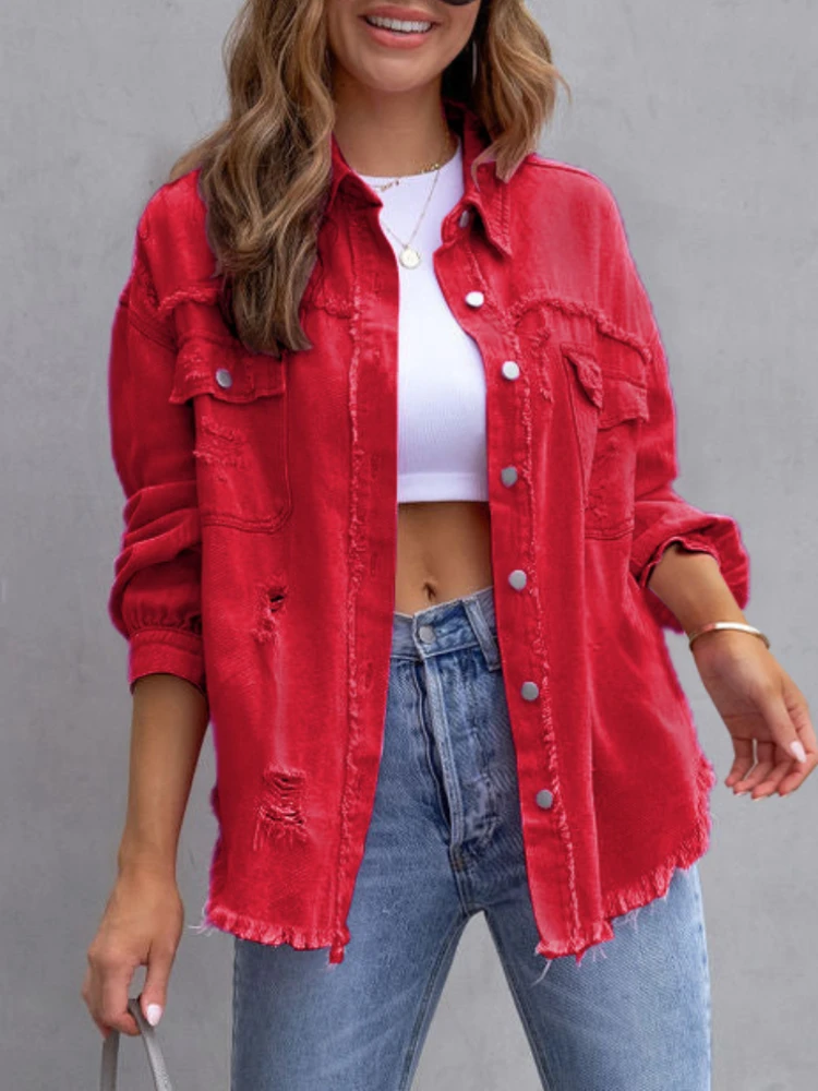 Top Trends: Womens Denim Jacket New In Rough Selvedge Ripped Jacket Women's Autumn Loose Casual Lapel Coat Y2k Tops Fashion Trendsetters Shoppable Styles