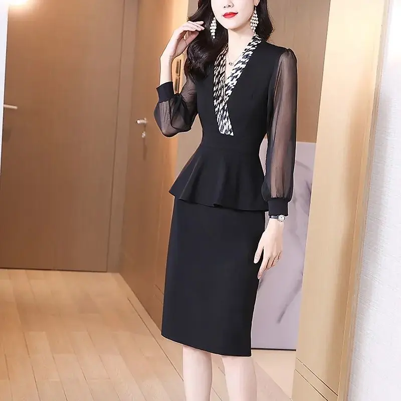 Top Trends: Woman Fashion Black Midi Dress Spring Summer Gauze Long Sleeve Chic V-Neck Ruched Splicing Fake Two Piece Female Elegant Dresses Shoppable Styles