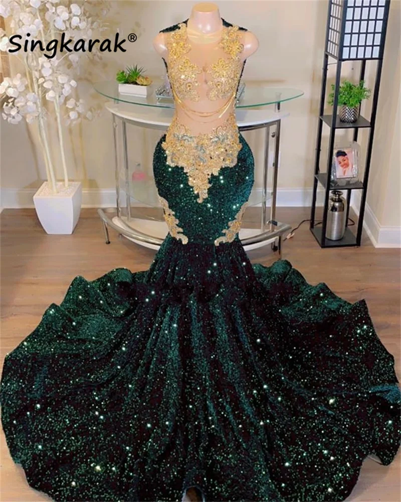 Top Trends: Sparkly Dark Green Mermaid Prom Dresses 2024 For Black Girls Golden Lace Appliques Beads Tassels Velvet Sequins Party Gown Shoppable Styles