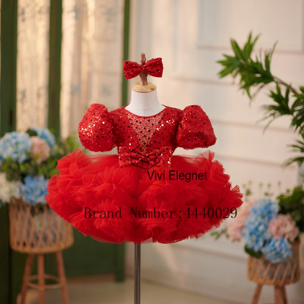 Top Trends: Red Scoop Flower Girls Dresses With Sequined Puffy Sleeve Christmas Gowns For Baby Real Picture Tiered فلور فتاة اللباس 2024 Shoppable Styles