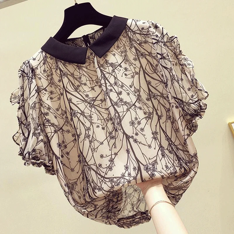 Top Trends: Chiffon Floral Print Short Sleeve Women&#039;s Blouse Top 2022 Spring Summer Loose Peter Pan Neck Chiffon Shirt Blouse NS5081 Shoppable Styles