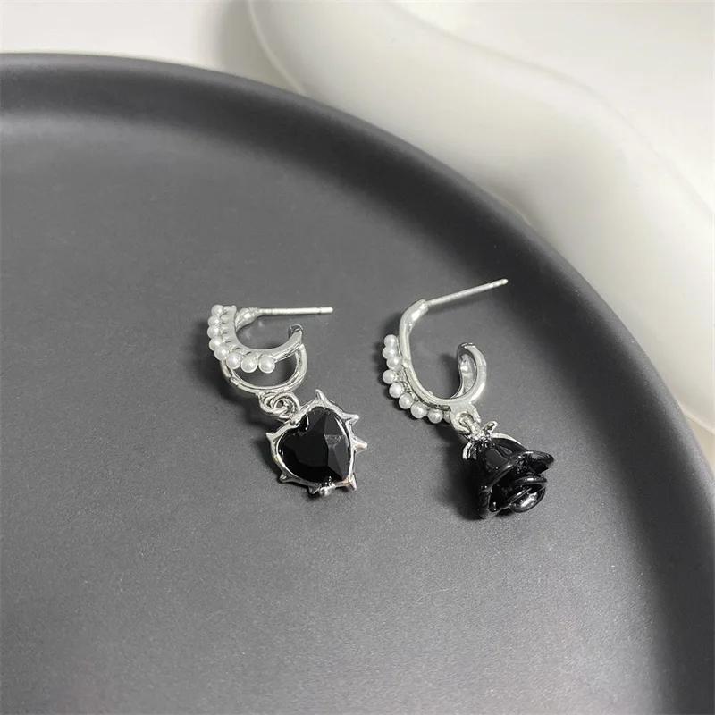 Top Trends: Vintage Asymmetric Black Rose Heart Drop Earrings For Women Delicate Luxury Zircon Butterfly Pearl Earring Girls Party Jewelry Shoppable Styles - Image 4