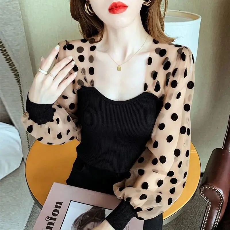 Top Trends: Fashion Printed Spliced Gauze Polka Dot Blouse Women&#039;s Clothing 2023 Spring Summer New Casual Pullovers Lantern Sleeve Shirt Shoppable Styles