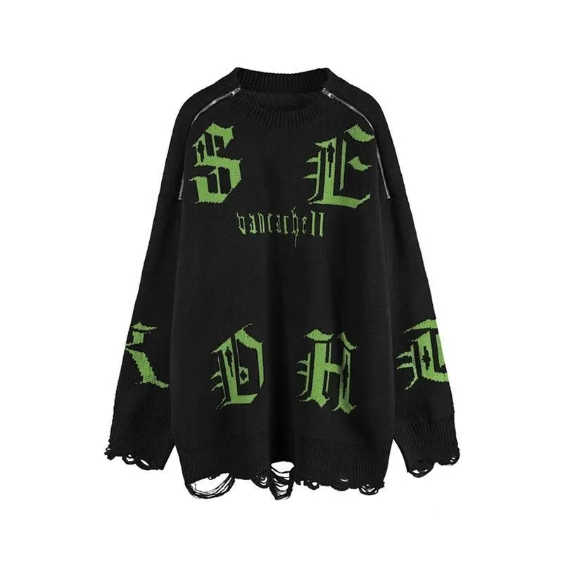 Top Trends: Sweaters American Vintage Gothic Letter Shoulder Zipper Sweaters Men And Women's Couple Oversize Knitwear Pullover Shoppable Styles - Image 2