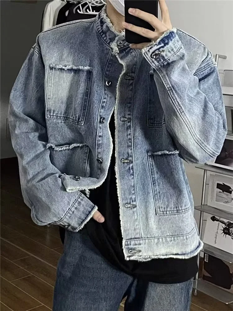 Top Trends: Niche Washed Raw Edge Denim Jacket Men's Gradient Color Trendy Retro Short Loose Coats Youth American Broad Shoulder Streetwear Shoppable Styles