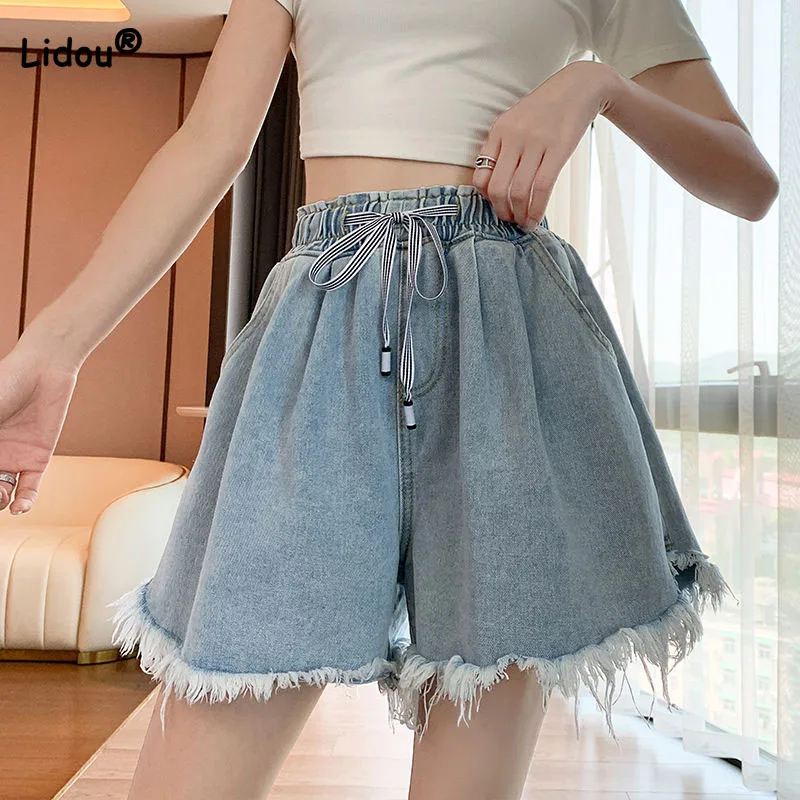 Top Trends: Korean Simplicity High Waist Wide Leg Denim Shorts Fashion Women&#039;s Clothing Summer Female All-match Loose Drawstring Shorts Shoppable Styles