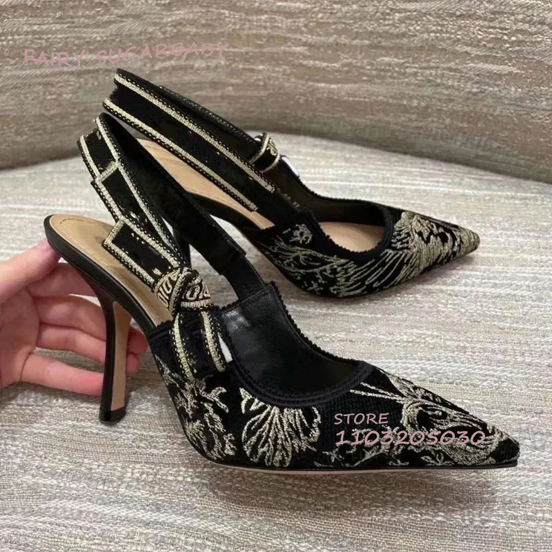 Top Trends: Gold Embroidery Black Suede Heels Women Luxury Lace-Up Pump Spring Pointed Slingback Sandals Casual Girls Elegant Ruffle Shoes Shoppable Styles