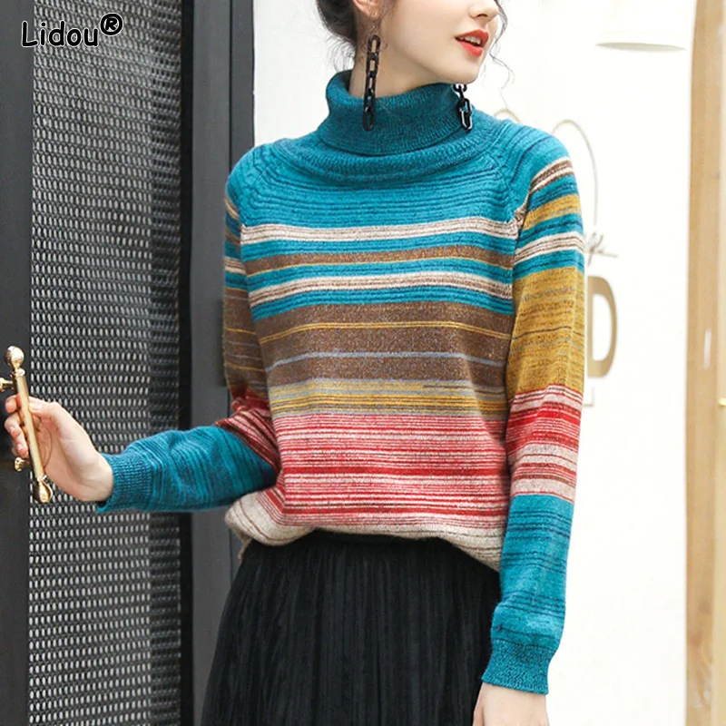 Top Trends: Autumn Winter Thin T-Shirts Rainbow Casual Office Lady Bottoming Loose Pullovers Striped Women's Clothing Straight Turtleneck Shoppable Styles