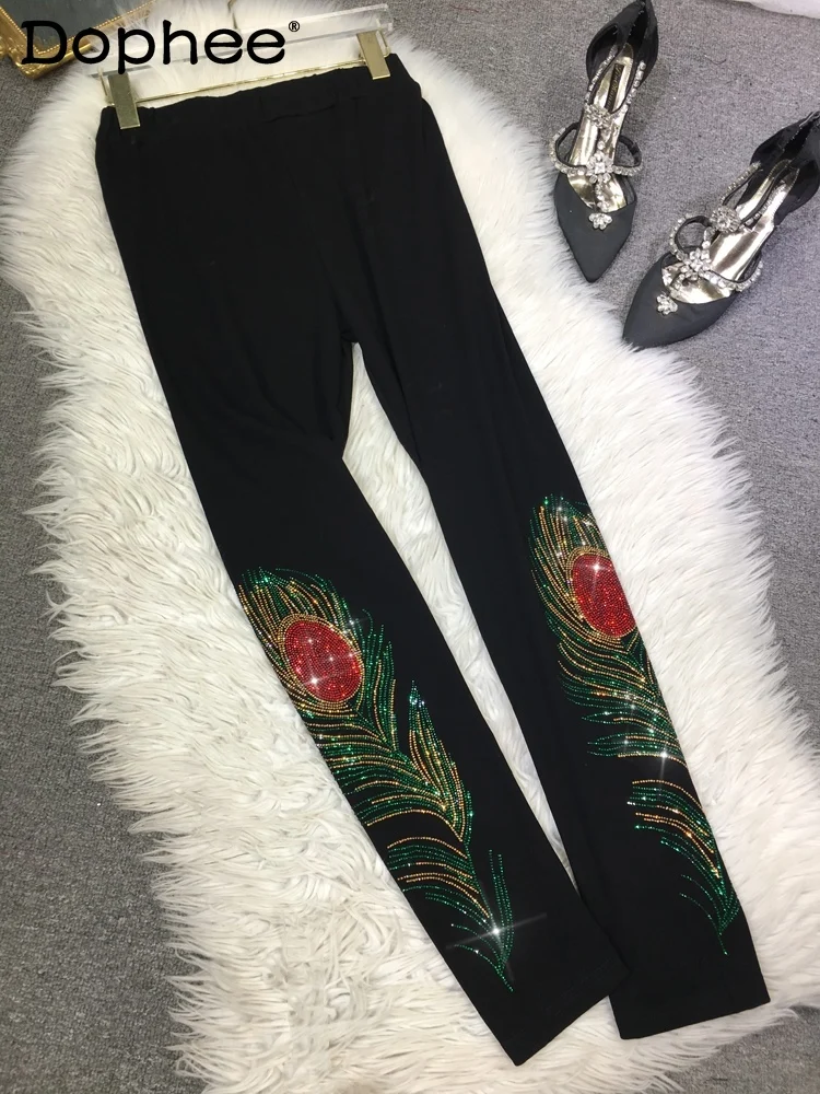 Top Trends: Heavy Embroidery Hot Drilling Leggings Women&#039;s High Waist Slimming Black Tight Ankle-Length Pants Autumn And Winter Leggings Shoppable Styles