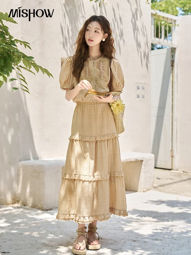 Top Trends: MISHOW French Vintage Chiffon Shirt+ Midi Skirt Separately 2023 Summer Puff Sleeve Top Ruffles Elastic Waist Skirt Set MXC33X0069 Shoppable Styles