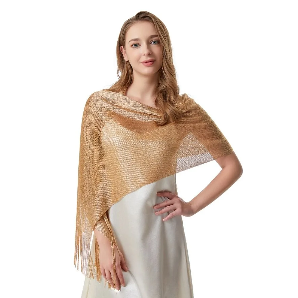 Top Trends: Fashion Thin Shiny Tassel Shawl Gold Silver Bright Silk Ladies Scarf Cover Ups For Weddings Evening Party Women Cape Shoppable Styles