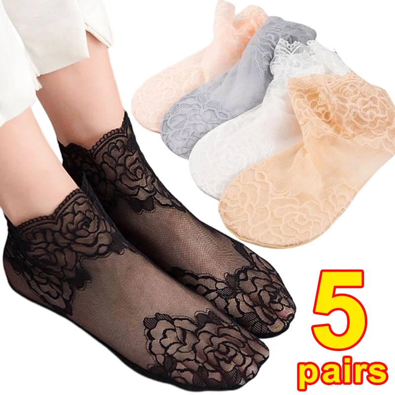 Top Trends: 5Pairs Fashion Women Girls Summer Socks Lace Mesh Flower Short Sock Non-slip Invisible Ankle Socks Elastic Ultrathin Socks Shoppable Styles