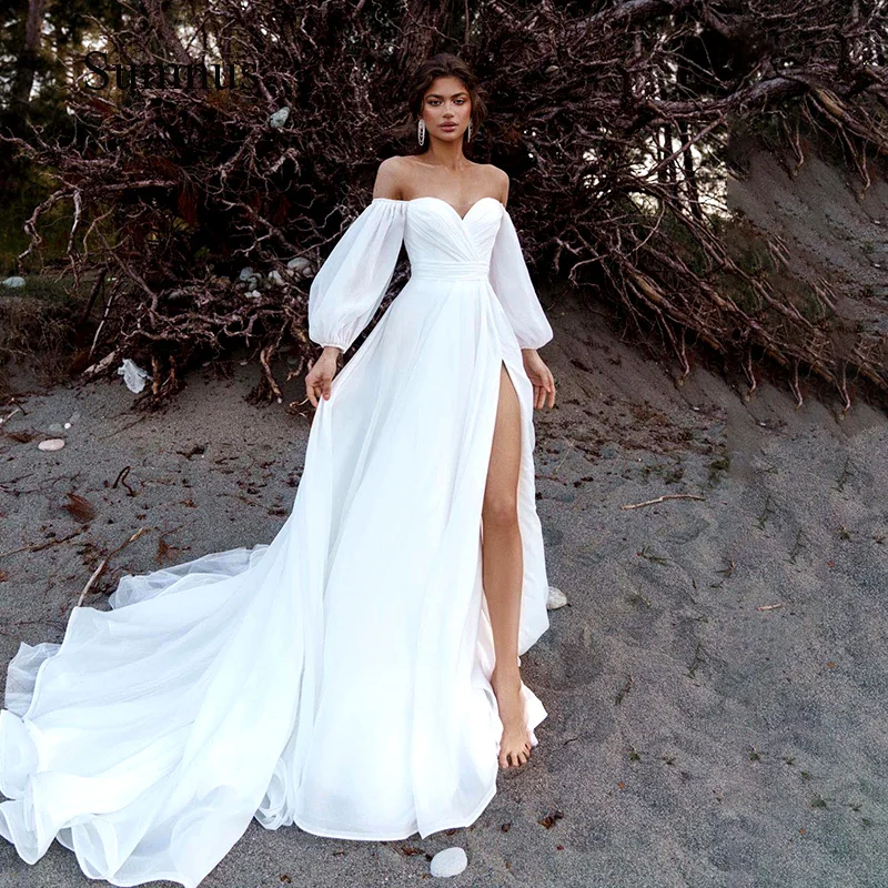 Top Trends: White Simple Wedding Dresses Off Shoulder High Split Sexy Bride Gown Robe De Mariee Sweetheart Summer Beach Wedding Gowns Shoppable Styles