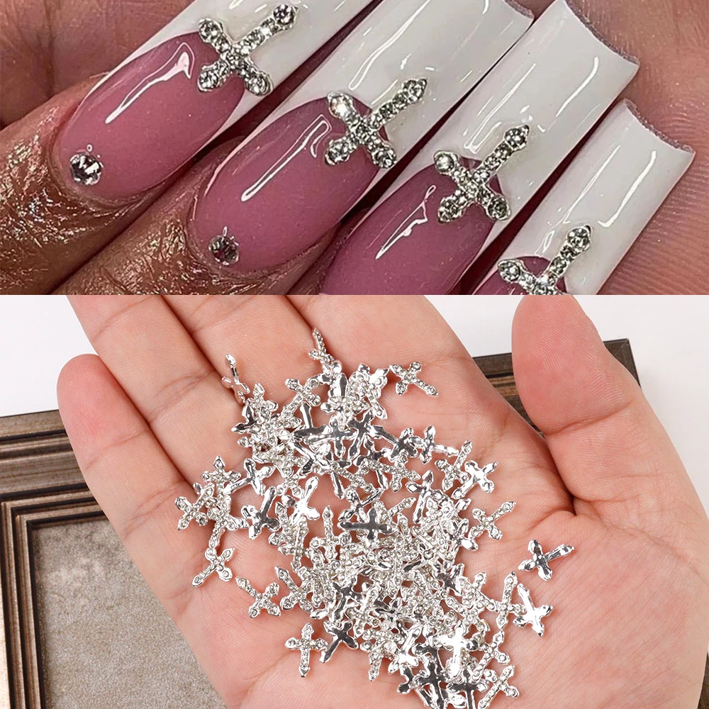 Top Trends: 10Pcs Punk Silver Cross 3D Luxury Glitter Rhinestones Nail Charms Classic Cross Alloy Jewelry Nail Art Decorations Nails Tools Shoppable Styles