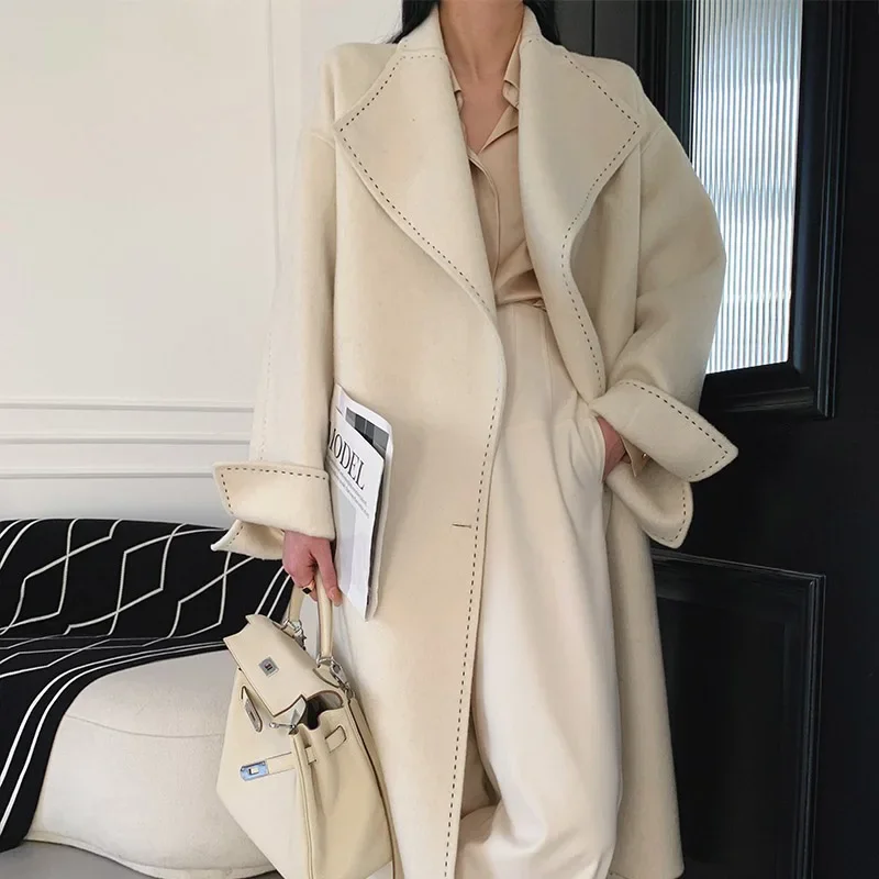 Top Trends: New Women Simple Arch Needle Doulbe-sided Wool Coat Loose Long Lapel Lace-up Fashion Woolen Jacket Warm Outerwear Autumn Winter Shoppable Styles