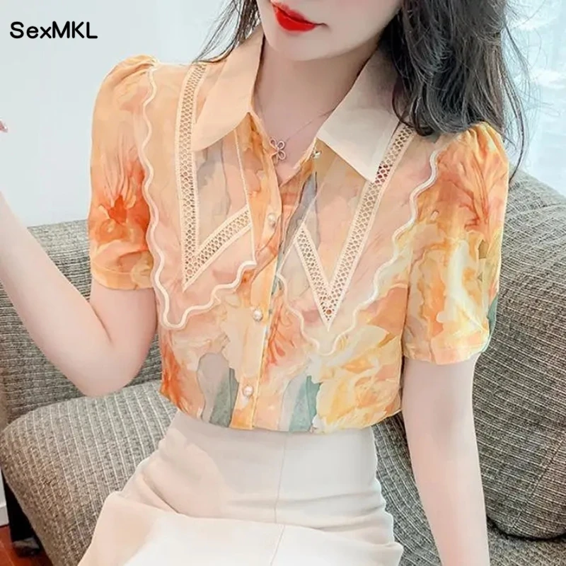 Top Trends: Women Chiffon Summer Shirts 2023 Elegant Fashion Floral Printed Blouses Korean Vintage Slim Puff Sleeve Casual Ladies Tops Mujer Shoppable Styles