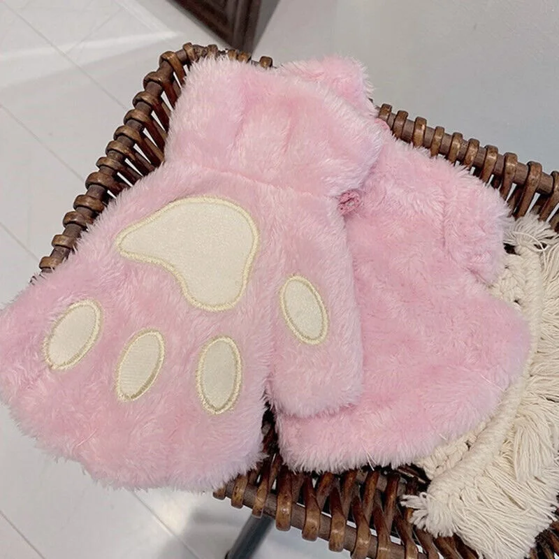 Top Trends: Winter Women Cute Cat Claw Paw Plush Gloves Mittens Warm Soft Plush Fingerless Fluffy Pink Cat Gloves Half Finger Gloves Gifts Shoppable Styles