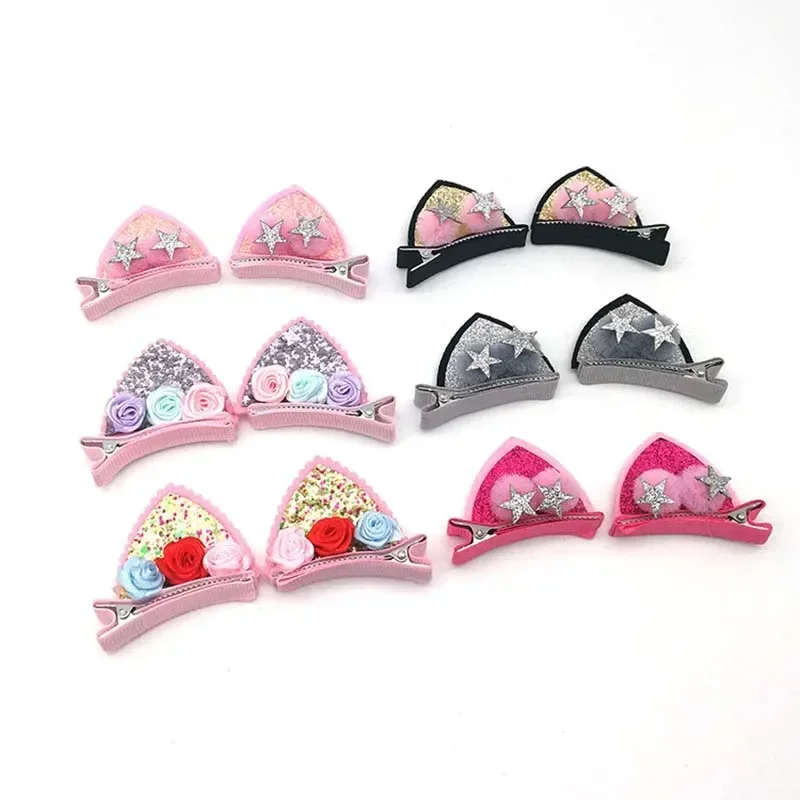 Top Trends: 2Pcs Cute Cat Ear Hair Clips For Girls Glitter Rainbow Felt Fabric Flower Hairpins Barrettes Kids Headwear Baby Hair Accessories Shoppable Styles - Image 2