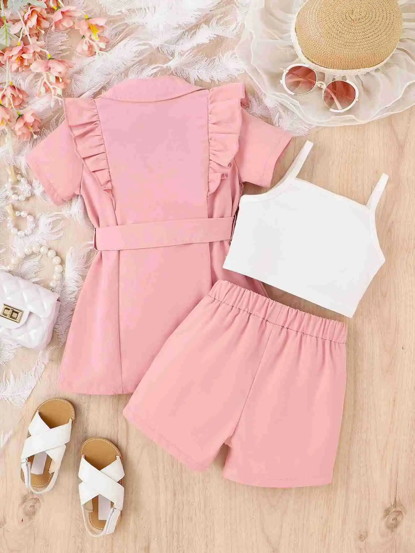 Top Trends: Summer Girl Suit Strap Solid Color+ Short Sleeved Lapel Suit Jacket+ Shorts 3Pcs Girls Outfits Korean Kids Children Clothing Sets Shoppable Styles - Image 2