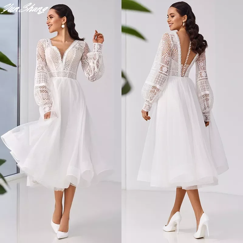 Top Trends: YunShang Short V-Neck Wedding Dress Lantern Long Sleeve Lace Illusion Back Boho Beach Tea Length Bridal Gowns Vestidos De Novia Shoppable Styles