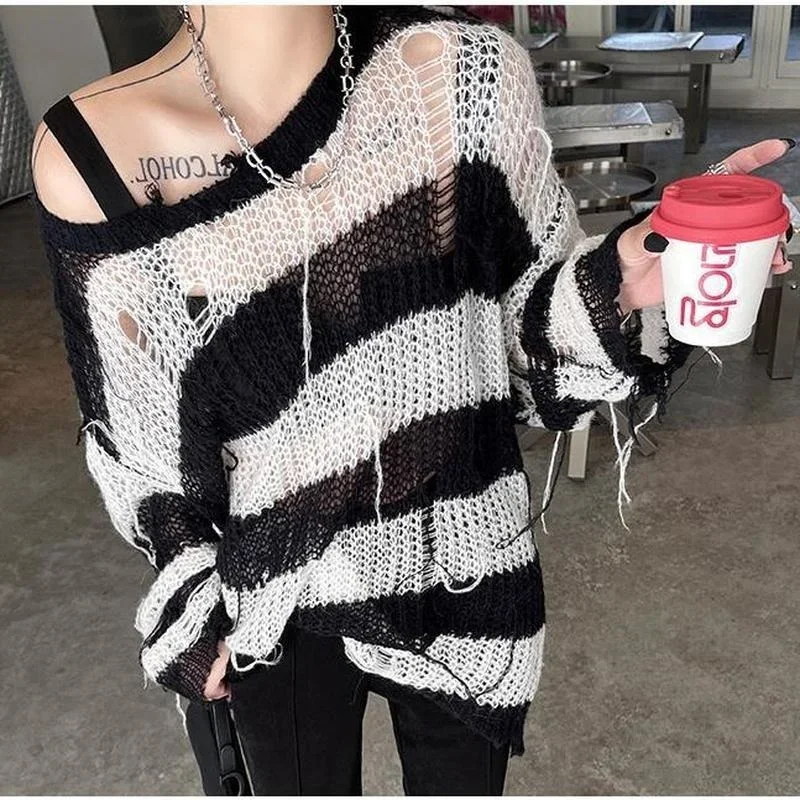 Top Trends: Women Drunge Style O Neck Thin Hollow Out Sweaters Striped Loose Harajuku Korean Gothic Fashion Sweater Casual Knitted Top Goth Shoppable Styles