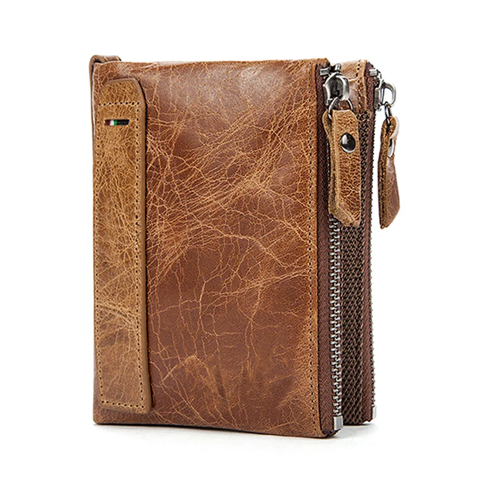 Top Trends: Crazy Horse Men Wallets Short Credit Business Card Holders Double Zipper Cowhide Leather Wallet Purse Carteira Shoppable Styles