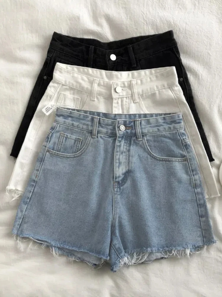 Top Trends: Korean High Waist Raw Edge Denim Shorts Women Summer Basic Button Pocket Jean Shorts For Women All-match Streetwear Denim Short Shoppable Styles