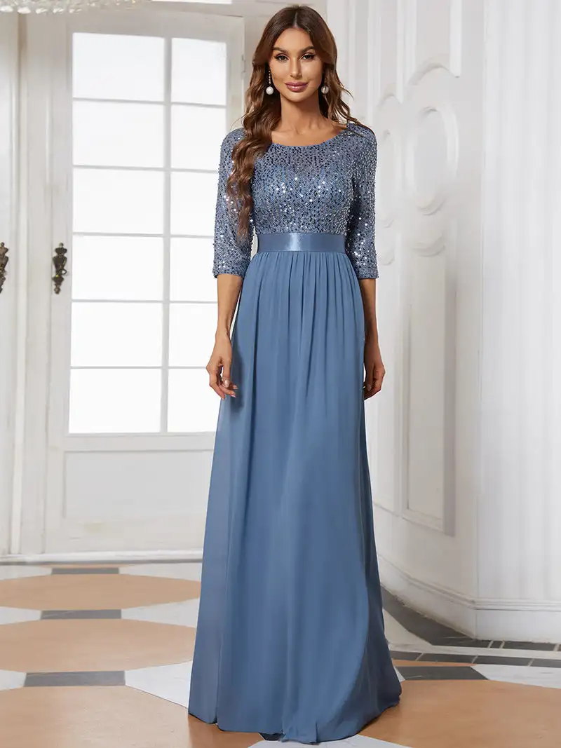 Top Trends: Elegant Evening Dresses A-LINE Chiffon Sleeve Crew Neck 2024 Ever Pretty Of Dusty Navy Simple Sequins Bridesmaid Dress Women Shoppable Styles