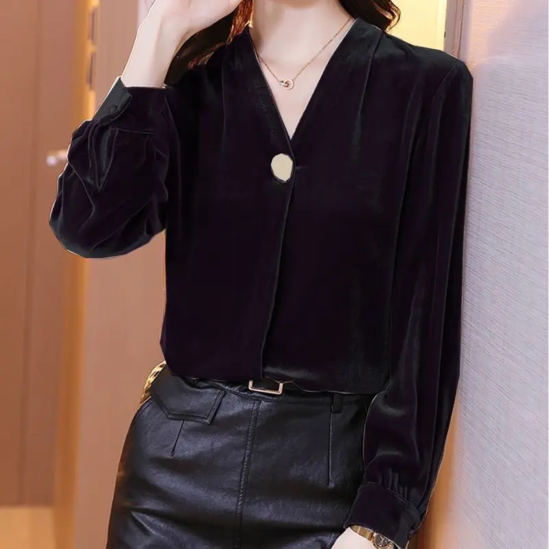 Top Trends: Gold Velvet Solid Women Bottom T-Shirts Autumn Korean Fashion Simple Office Lady Versatile Button Loose Long Sleeved V-neck Tops Shoppable Styles - Image 2