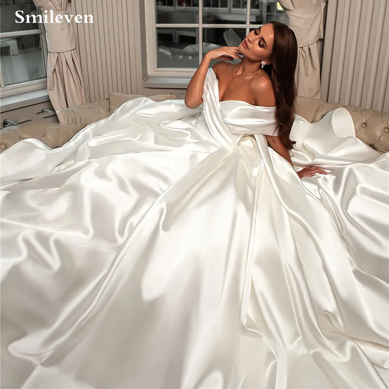 Top Trends: Smileven Princess Wedding Dress A Line Satin Bride Dresses Off The Shoulder Robe De Mariee 2023 Boho Wedding Gowns Shoppable Styles