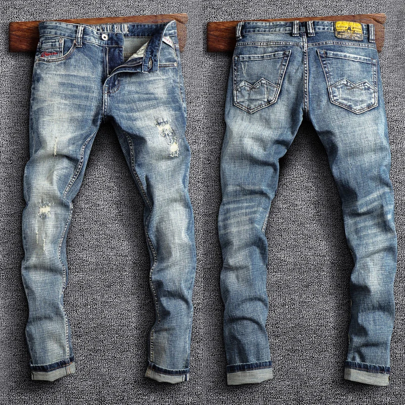 Top Trends: Fashion Streetwear Men Jeans Retro Blue Elastic Slim Fit Ripped Jeans Men Embroidery Designer Vintage Casual Cotton Denim Pants Shoppable Styles