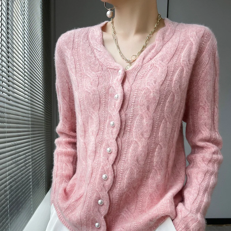 Top Trends: 2023 Autumn And Winter New Wool Cardigan Female V-Neck Long-Sleeved Twisted Loose Pearl Button Sweater Bottoming Sweater Coat. Shoppable Styles