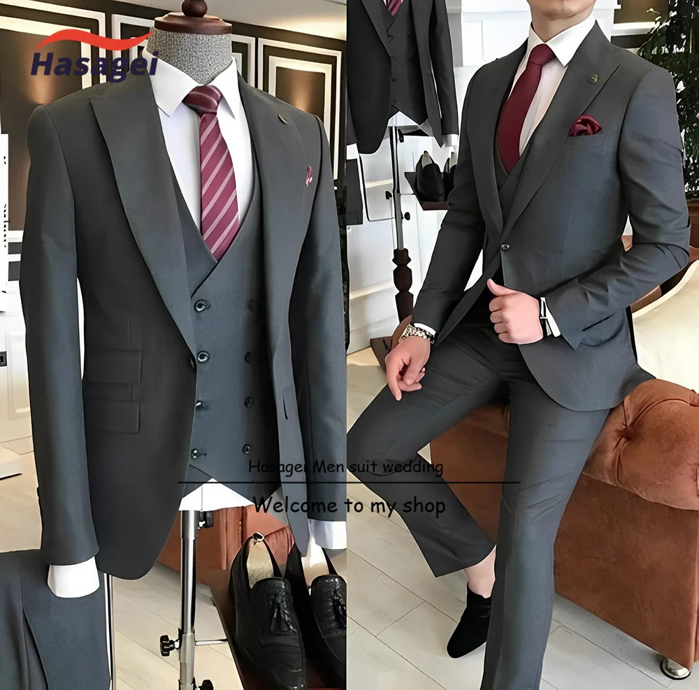 Top Trends: Gray Groom Suit 3 Piece Suit Men's Formal Jacket Pants Vest Double Breasted High Quality Blazer Suit For Male Shoppable Styles