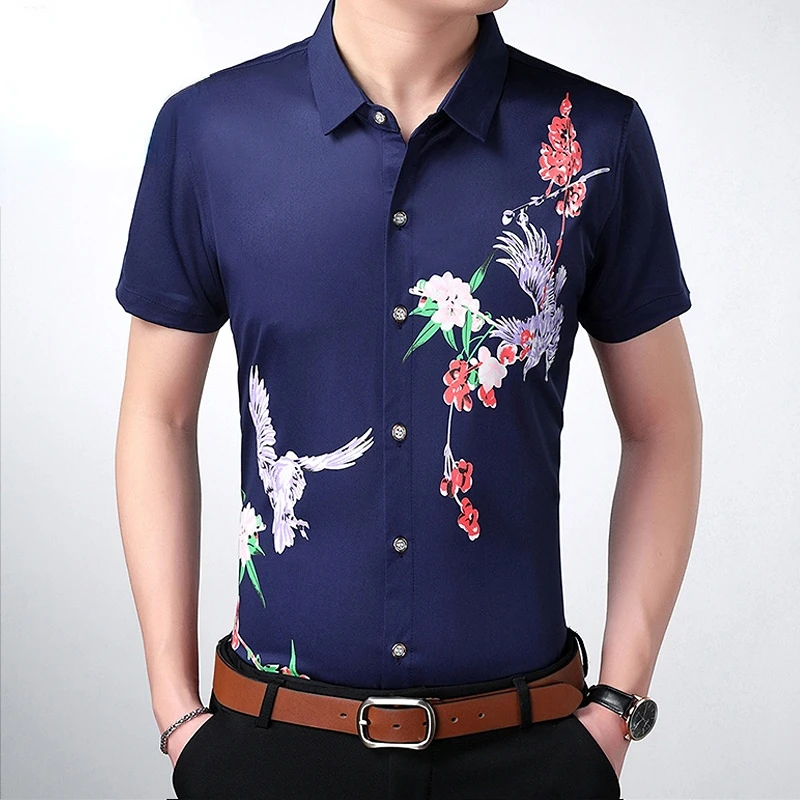 Top Trends: Fashion Men Summer Short Sleeve Smooth Shirt Korean New Quick Dry Male Clothes Lapel Floral Print Button Casual Loose Thin Tops Shoppable Styles