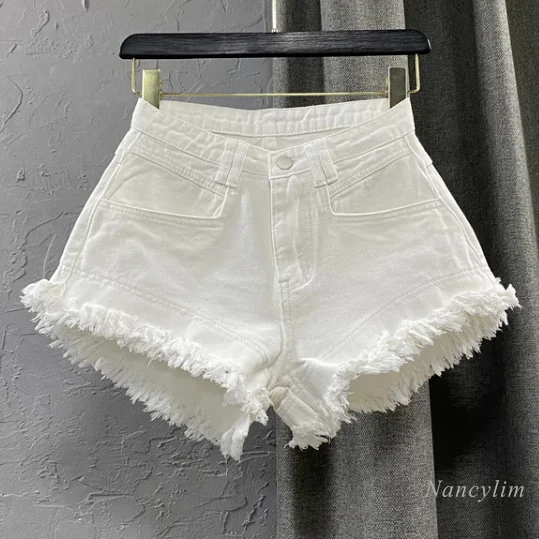 Top Trends: White Denim Shorts Women New High-Waist Ripped Fringed Burr Hot Pants 2023 Summer Loose Wide-Leg Korean Style Short Femme Shoppable Styles