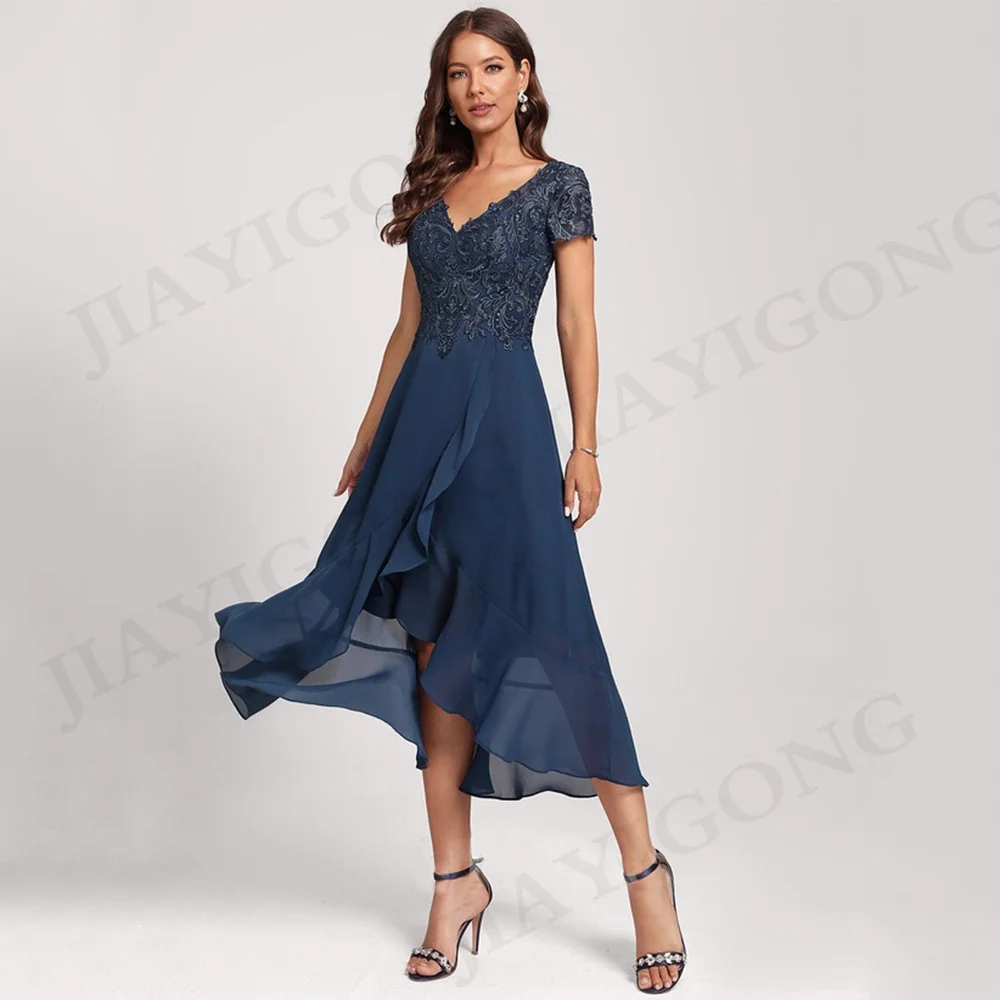 Top Trends: Short Sleeves V Neck Mother Of The Bride Dress Lace Applique Tea Length Chiffon HI-lo A Line Wedding Guest Gown Party Dresses Shoppable Styles