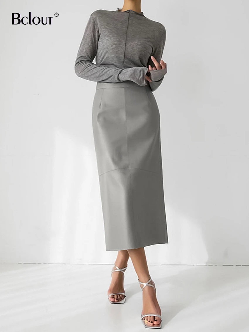 Top Trends: Bclout Autumn Gray Leather Skirts Women 2023 Elegant Office Lady Black Pu Straight Skirts Fashion Party Slit Long Skirts Female Shoppable Styles