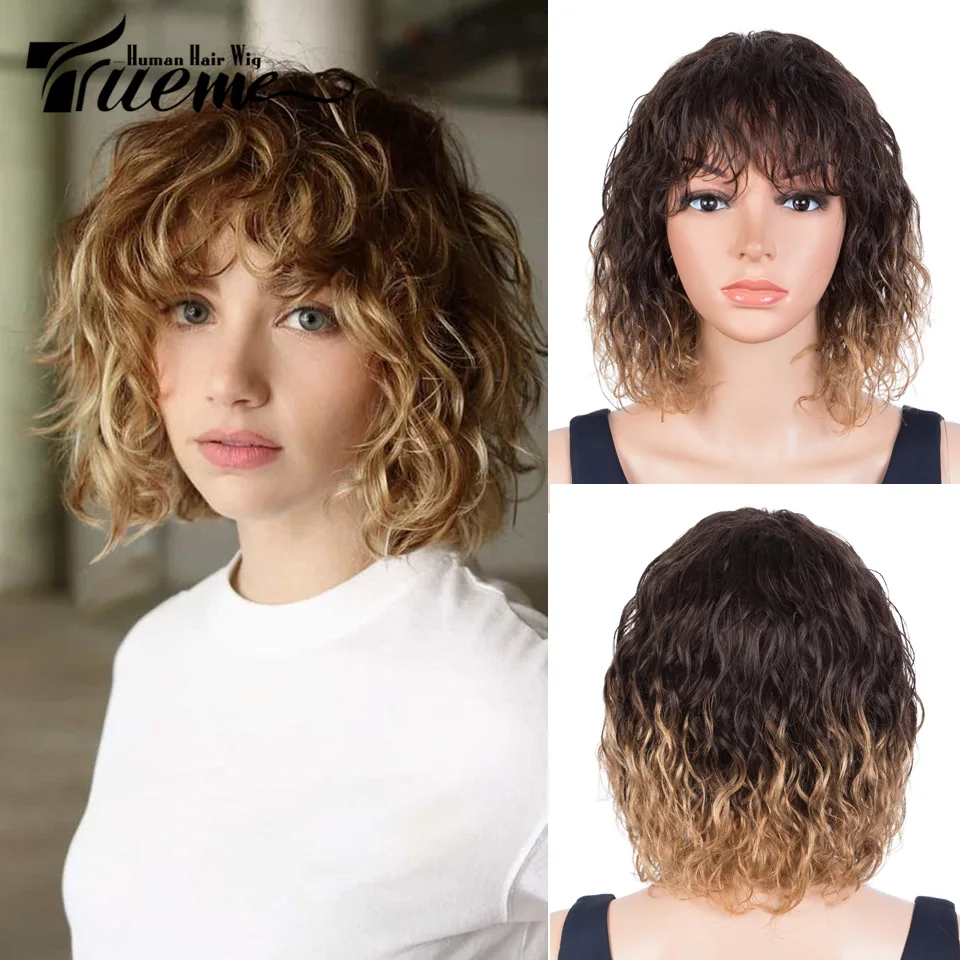 Top Trends: Trueme Short Wavy Bob Human Hair Wigs Brazilian Human Hair Wig With Bangs Ombre Blonde Short Curly Bob Wig Natural Wave Full Wig Shoppable Styles