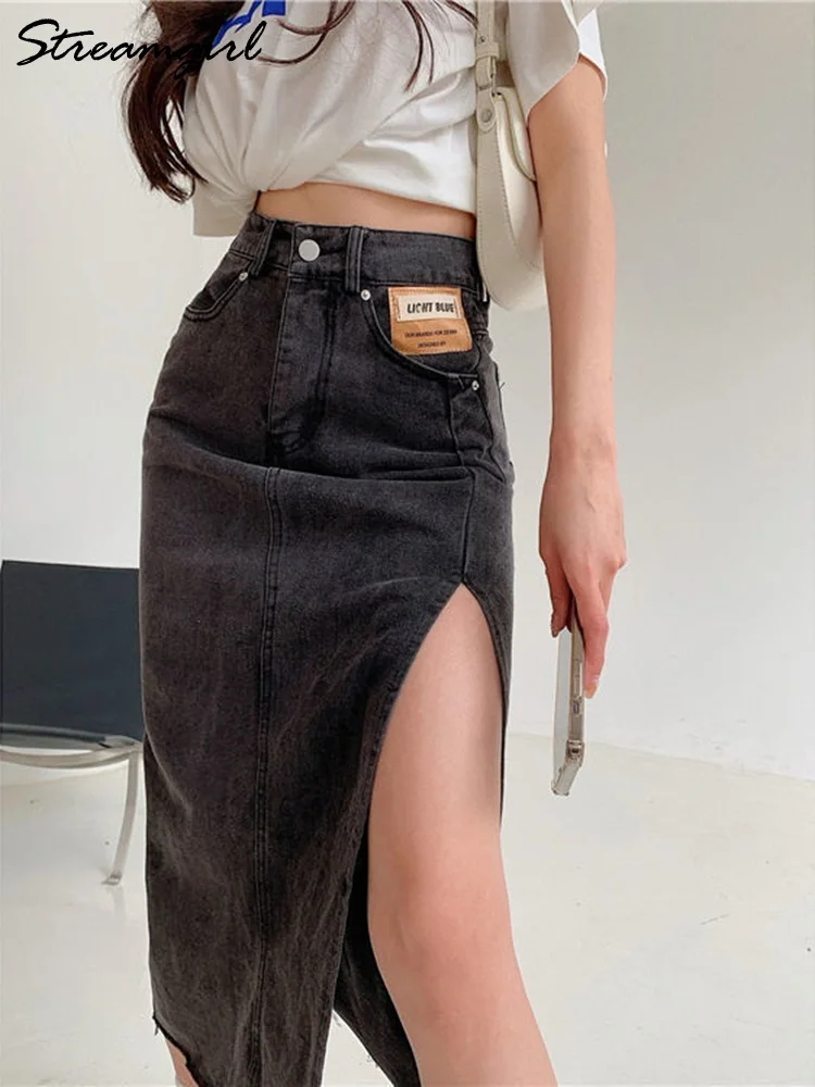 Top Trends: Streamgirl Maxi Jeans Skirt Women Denim Long Skirts Summer 2023 Vintage Maxi Skirt Side Split Denim Skirt Women Long Korean Shoppable Styles