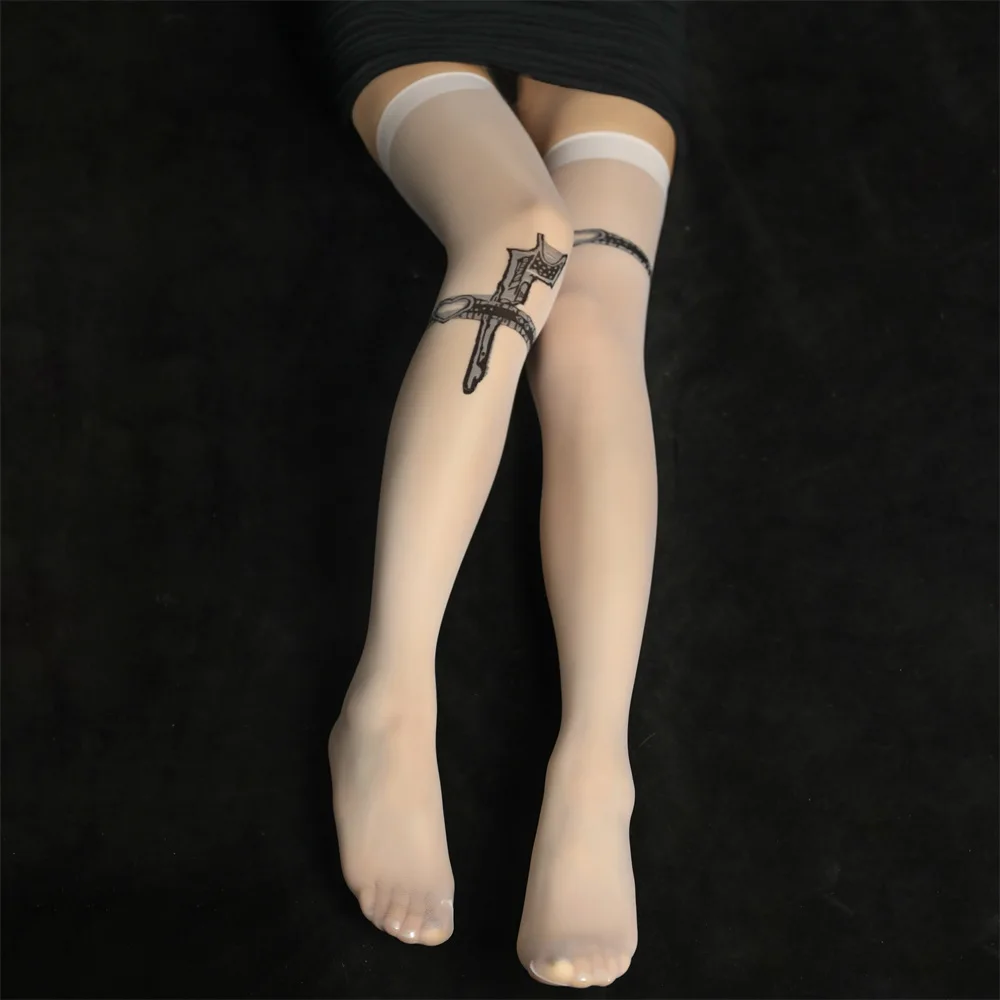 Top Trends: 2022 New Fake Tattoo Over The Knee Hosiery Sexy Prosthetic Leg Loop Thin Through-tube White Jk Spice Stockings Shoppable Styles - Image 4