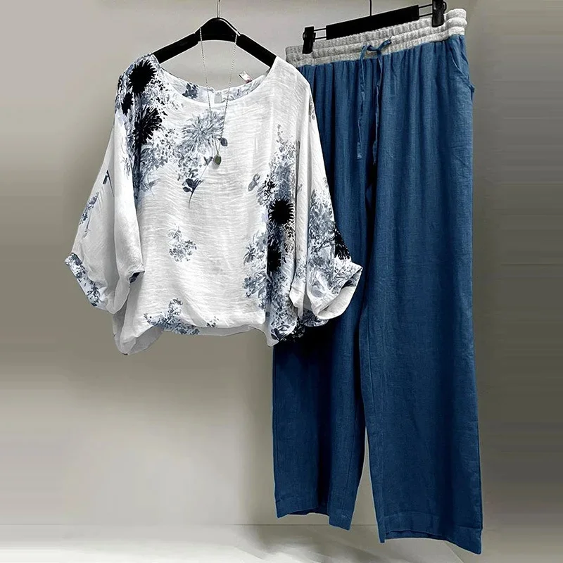 Top Trends: Plus Size Cotton Linen Soft Loose Matching Set Long Sleeve Top And Wide Leg Pant Two Piece Set Autumn Casual Floral Print Outfit Shoppable Styles