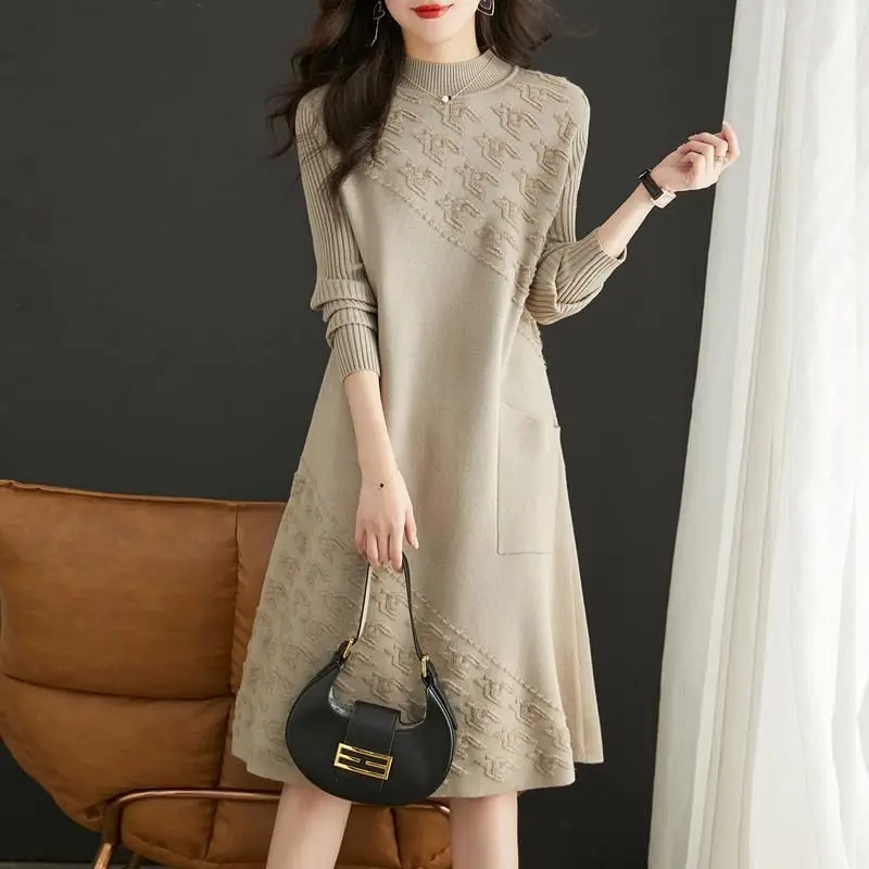 Top Trends: Stylish Jacquard Weave Knitted Dresses Autumn Winter New Half High Collar Women's Clothing Solid Color Pockets A-Line Midi Dress Shoppable Styles