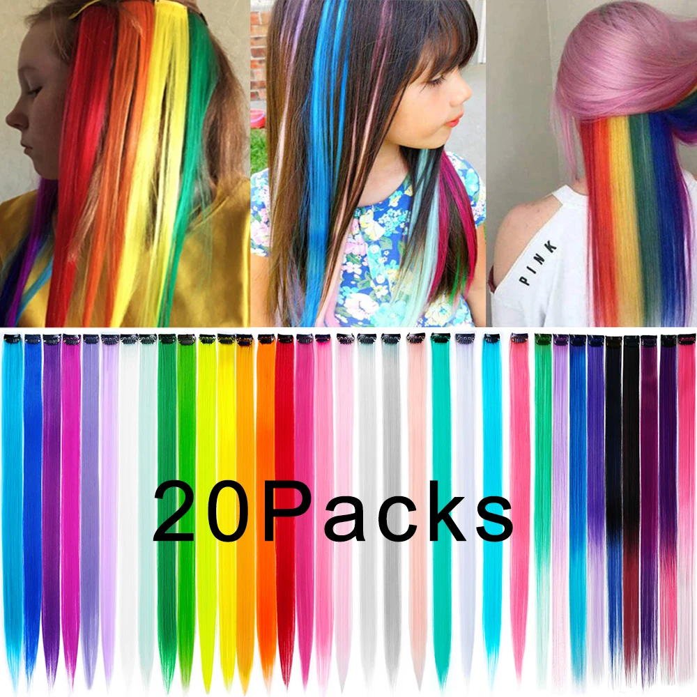 Top Trends: 20Packs Rainbow Clip On Hair One Piece Straight Highlight Fake Hairpiece 22inch Synthetic Colorful Hair Extension For Girls Kids Shoppable Styles