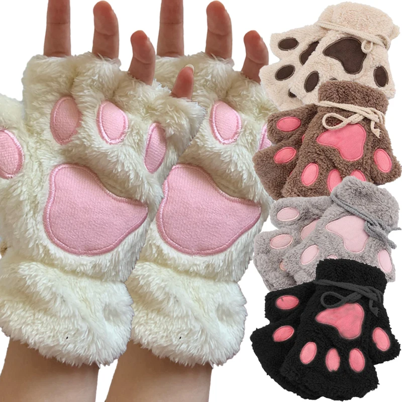 Top Trends: Lovely Plush Cat Claw Paw Gloves Plush Mittens Warm Soft Plush Short Fingerless Fluffy Bear Gloves Costume Half Finger Gloves Shoppable Styles